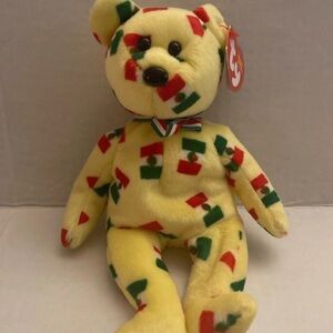 Ty Yellow Bear with Red & Green Accent Pattern